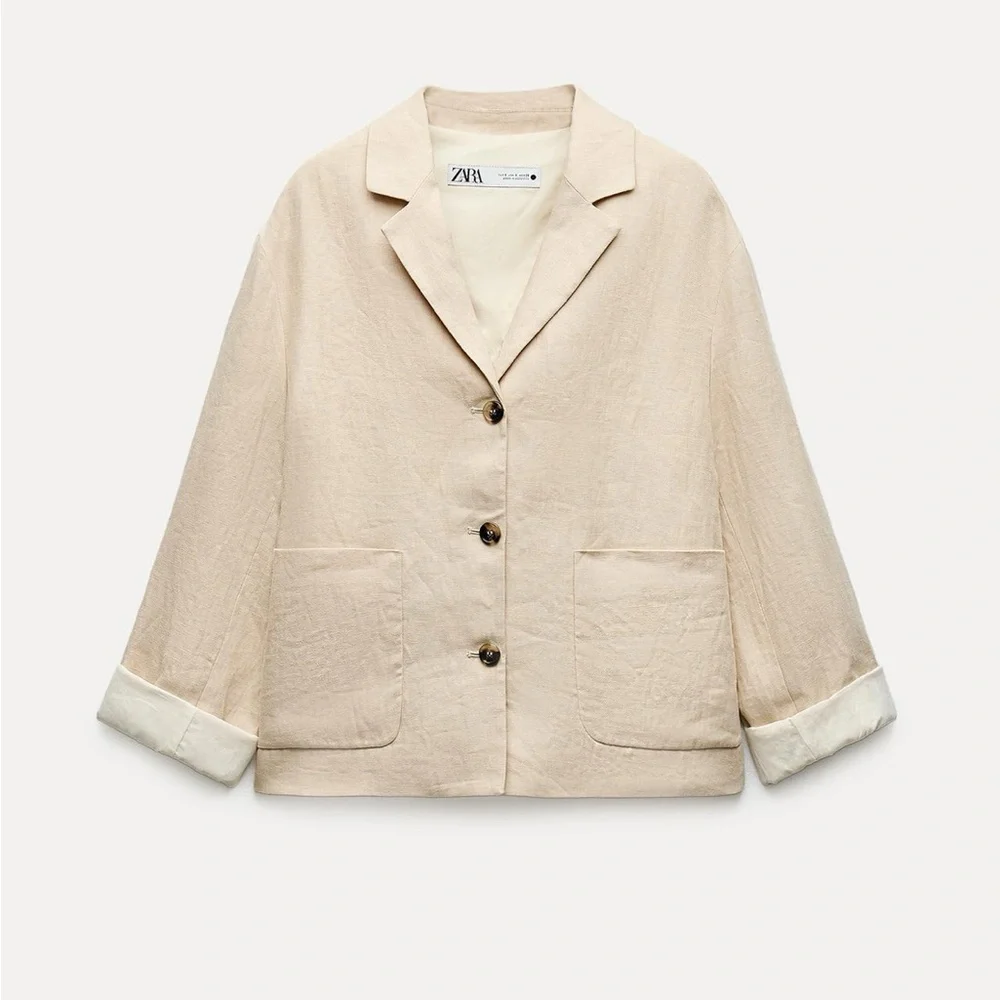 Zara 100% Linen Blazer Jacket Coat Beige Cream Neutral ZW Collection lined S NWT - Picture 4 of 16
